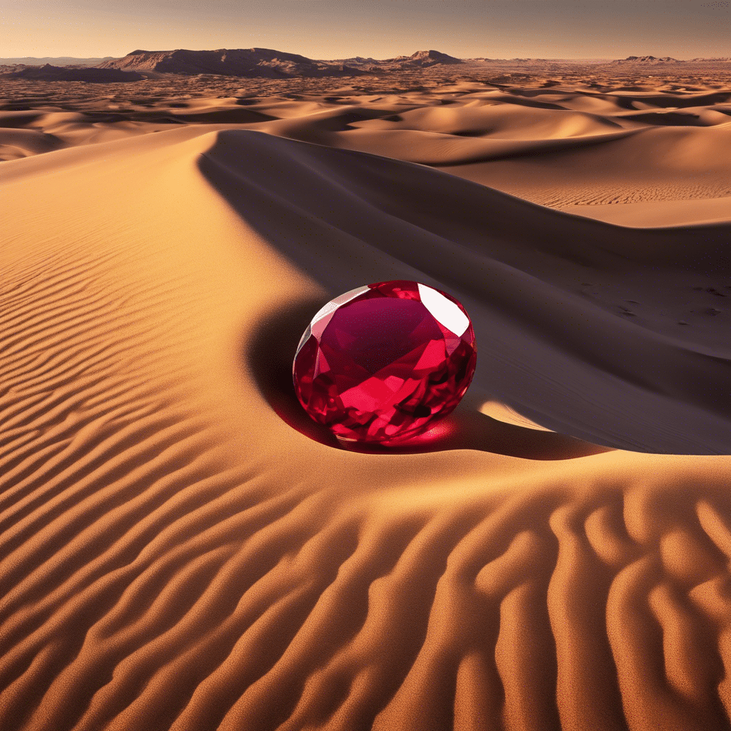 حجر ياقوت أحمر براق موضوع على الرمال الذهبية في الصحراء، مع سماء زرقاء صافية في الخلفية.
