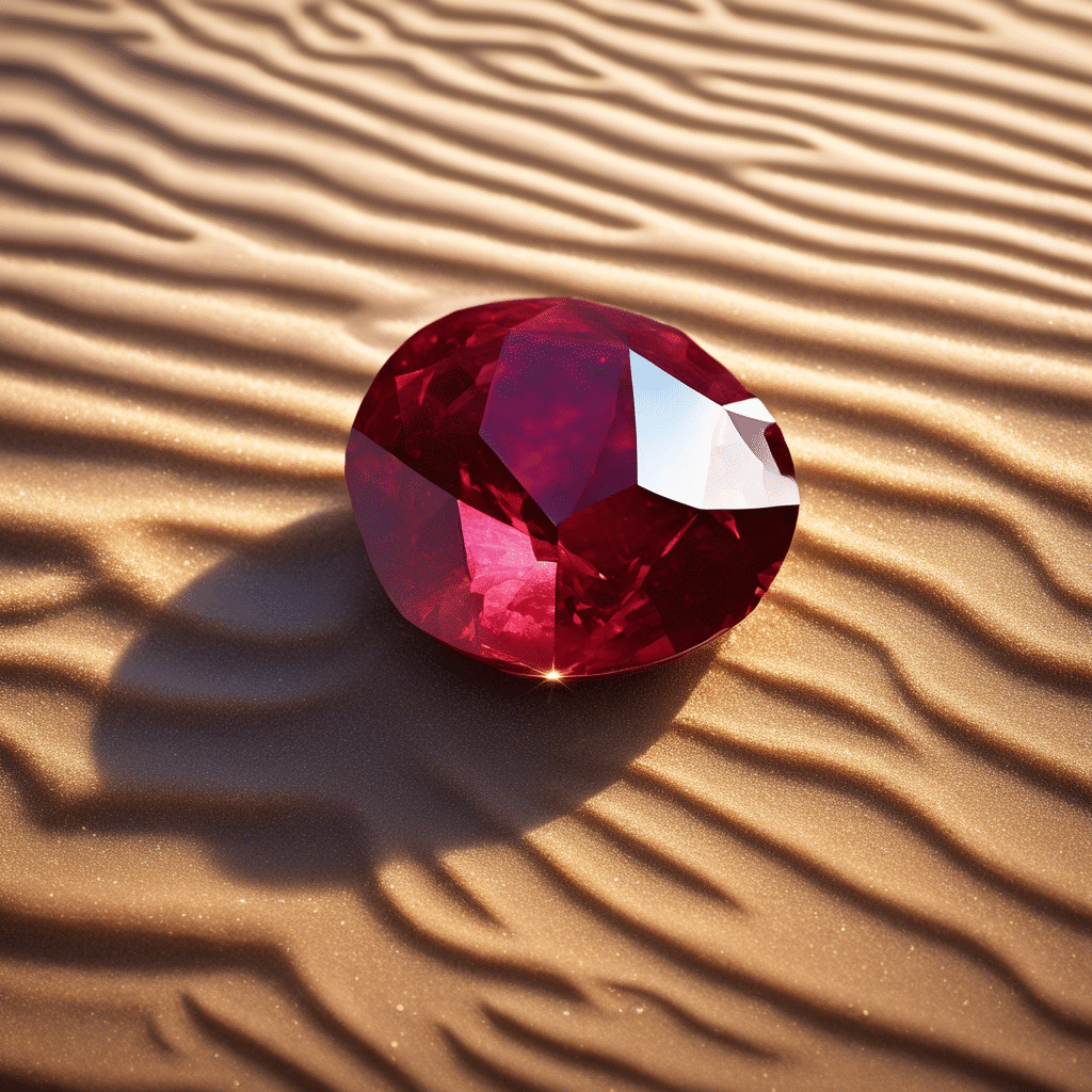 حجر الياقوت طبيعي يبرز بلونه الأحمر العميق وسط الرمال الذهبية.