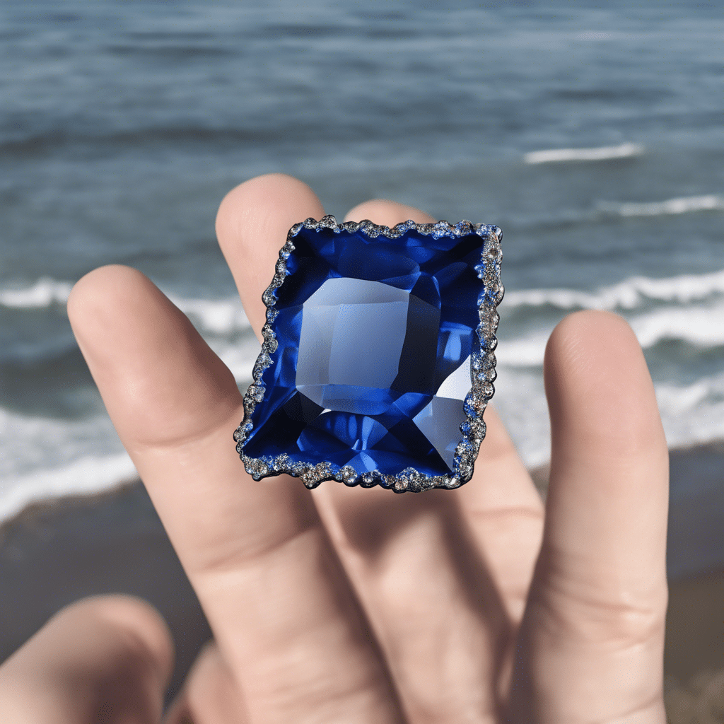 يد تحمل حجر الزفير الأزرق كبير ومستطيل الشكل مع البحر في الخلفية.