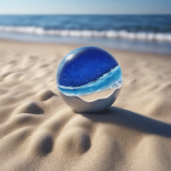 صورة حجر الزفير الأزرق على شاطئ رملي مع البحر في الخلفية.